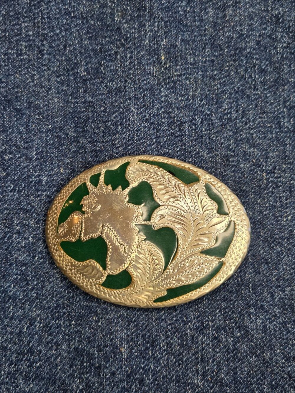 Handmade Horse Mustang Green Inlay Belt Buckle Vintage Western One of a Kind